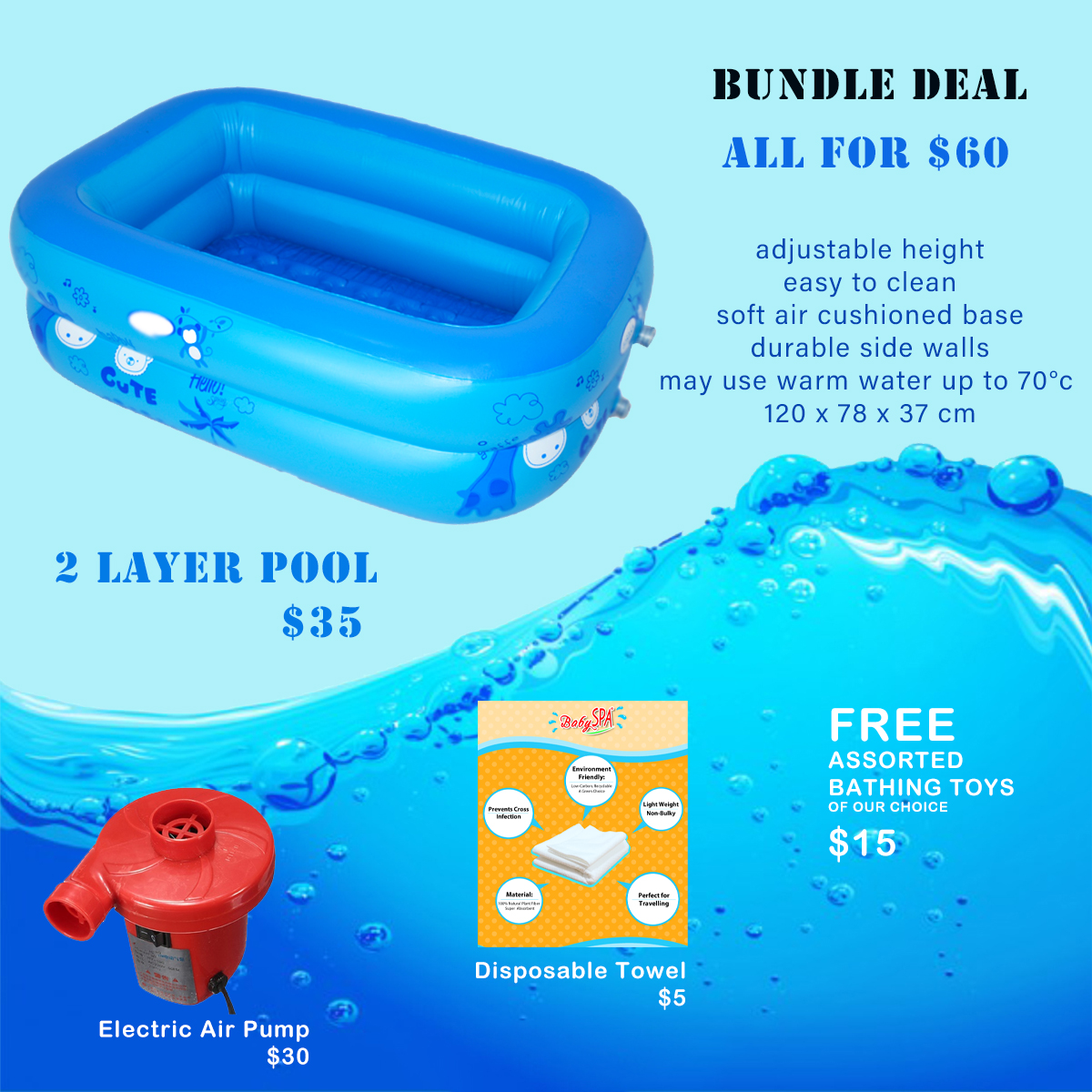 BabySPA Home Spa 2 Layer Pool (120 x 78 x 37cm) BUNDLE B (Pool + Electric Pump + Disposable Towel)